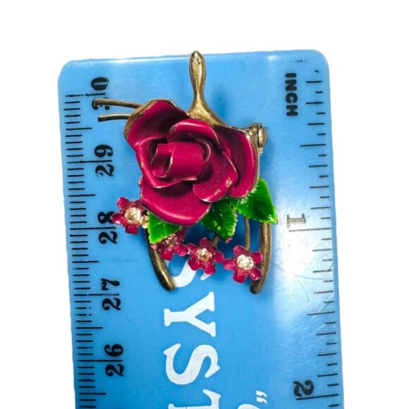 Vintage 3D Pink & Green Enamel Rose Brooch With Aurora Borealis Rhinestones - Picture 4 of 9